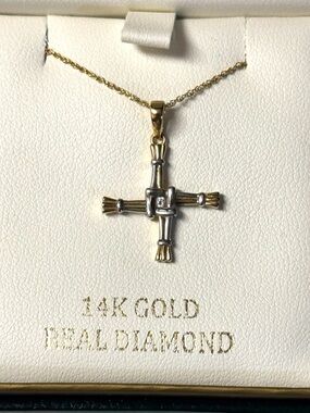 SOLVAR Gold & Silver 14K Gold St Brigids Cross Diamond Necklace NIB $1795 Irish